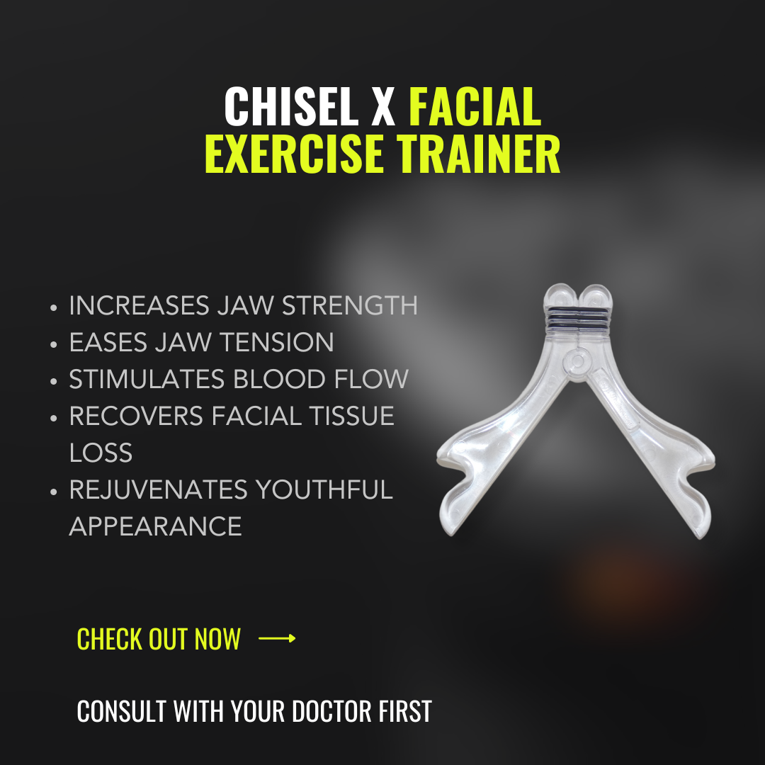 Chisel X Facial Flex - Chisel X Facial and Jaw Relief Products - Facial and Jaw Exercise Trainer Tool and It's Benefits. Image Has a Disclaimer For People To Consult With Their Doctor First