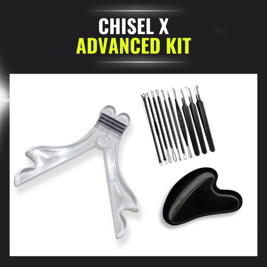 Chisel X - Jaw and Facial Sculping Products - Chisel X Advanced Kit - A Clear Facial and Jaw Exerciser Tool Along With a Black 10 Piece Pimple Removal Set For Quick and Easy Removal of Pimples, Blackheads, Zit Removing, Forehead, Facial and Nose, and a Black Gua Sha Stone for Skincare Face Body Relieve Muscle Tensions Reduce Puffiness