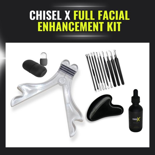 Chisel X - Jaw and Facial Sculpting Products - Full Facial Enhancement Kit - Chisel X Facial Flex Exercise Tool, Black Gua Sha, Black 10 Piece Pimple Removal Set, Black Stone Gua Sha, Black Ice Roller, 100% Organic Jamaican Castor Oil